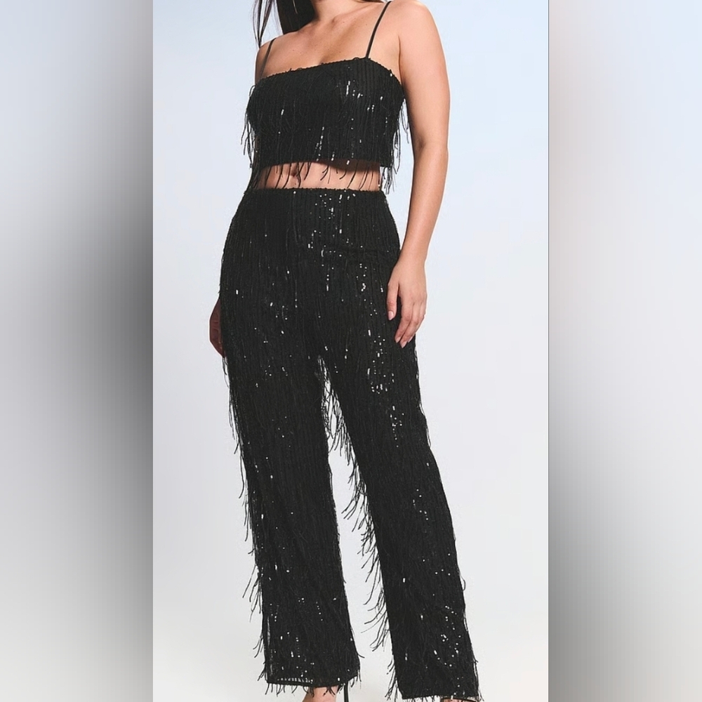 Showgirl Sequin Fringe Crop Top & Pants Set